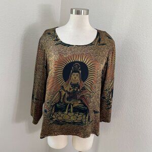 Citron Womens XL Buddha Print Blouse Long Sleeve Shirt Top